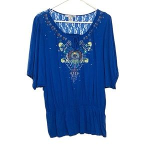 Royal Blue Tribal Floral Embroidered Top Size Medium